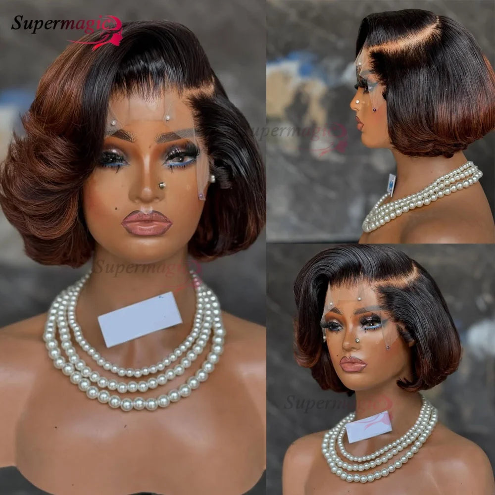 Ombre Chotolate brown Straight Bob 13x4 Lace Closure Human hair Wigs 100% Vietnamese Hair Wear and Go Glueless Layered Cut Wig