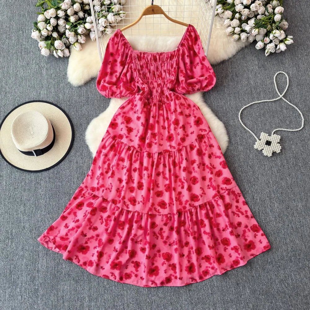 2024 Neues Sommer Blumenmuster Maxikleid Damen Vintage Eckiger Ausschnitt Geraffte Brust Schärpe Bandage Sommerkleid Partykleid