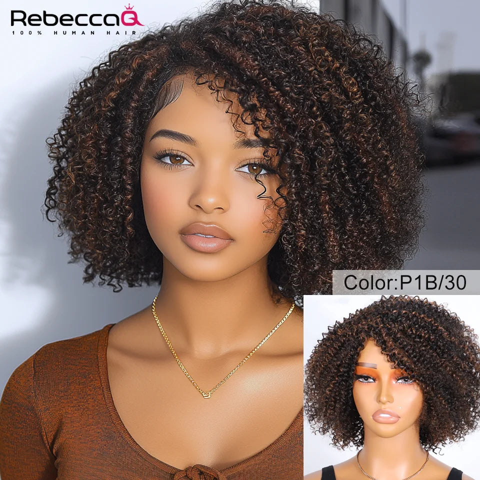 Ombre Brown Short Afro Kinky Curly Bob Wigs For Women Brazilian Human Hair Wigs Highlight Human Hair Wig With Bangs 180% Density