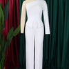 White 2 Piece Sets Women Outifits Autumn Slanted Shoulder Nail Bead Top Pants Two-piece Party Lady Matching Sets OL Fashion Suit