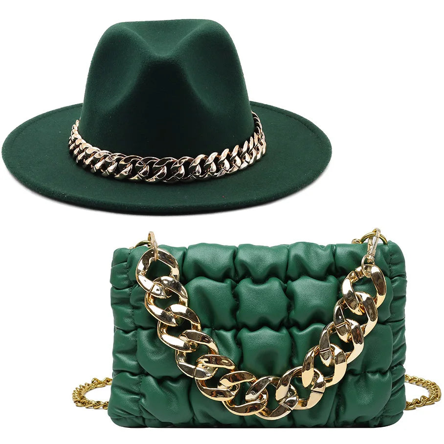 Set Straw Hat and Bag Set Gold Chain Bag Hat Set Ladies Leather Bag Tote Church Fedora Party Jazz Straw Hat