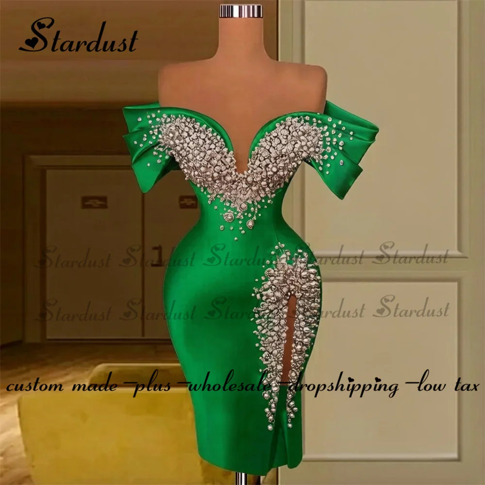Stardust Luxury Off the Shoulder Homecoming Dress Pearls Slit Pleat Mini Saudi Arabric Illusion Cocktail Party Gown Customized
