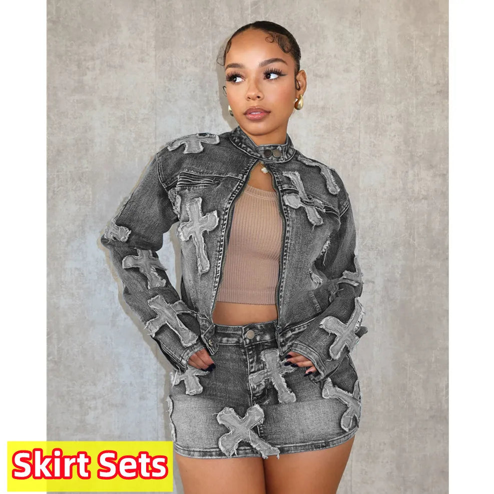 FAGADOER Fashion Denim Embroidery Shorts Two Piece Sets Women Zipper Long Sleeve Coat And Shorts Outfits Female Cowboy 2pcs Suit