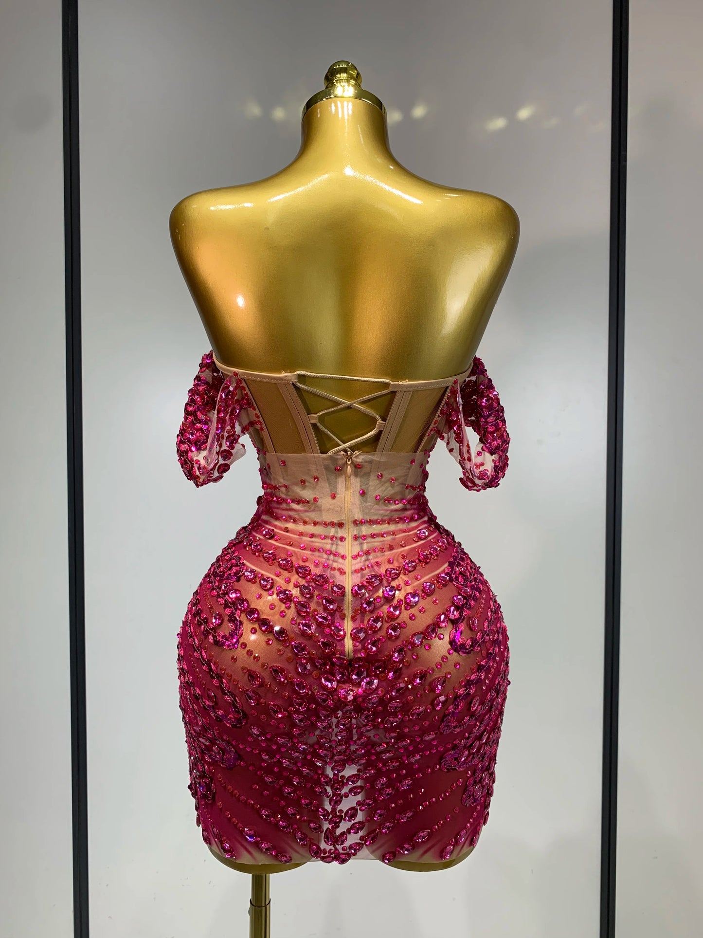 Women Sexy Sparkly Rhinestones Sequins Off The Shoulder Mesh Mini Dress Birthday Party Nightclub Dancer Stage PhotoShoot Costume