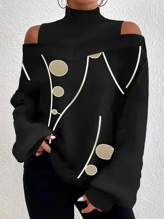2024Damen Langarm Rollkragenpullover Damen Sexy schulterfrei ausgehöhlte lockere bedruckte T-Shirts 2024 Herbst Mode T-Shirt Top