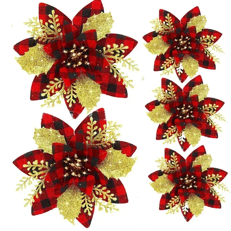 5 Stück 14,5 cm Glitzer künstliche Weihnachtsblumen fröhliche Weihnachtsbaumdekoration Neujahrsornamente gefälschte Blumen Weihnachten Natal