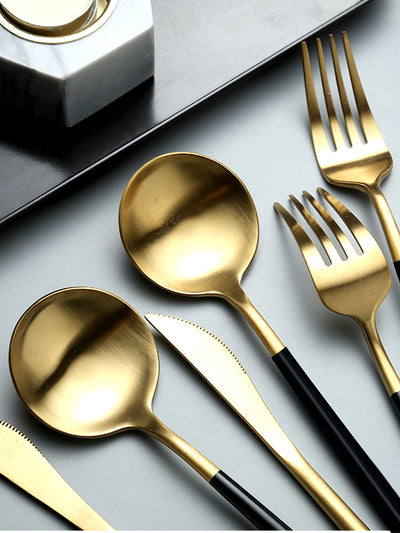 24-teiliges Edelstahl-Besteckset, Schwarz-Gold, Löffel, Gabel, Messer, Western-Besteck, Silberbesteck, Tafelservice-Zubehör