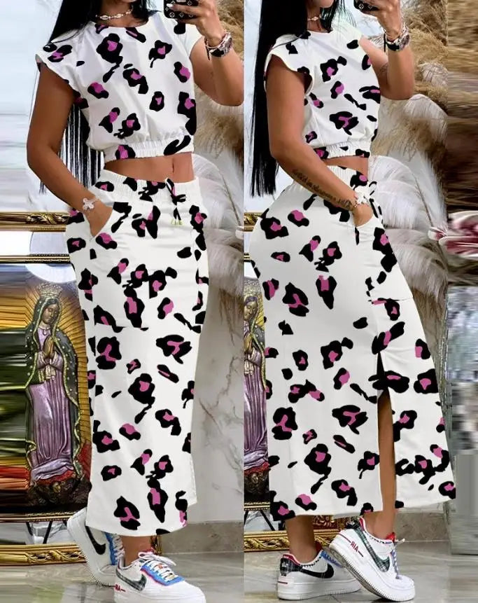 Two Piece Sets Women Outifit 2023 Summer Fashion Print Colorblock O-Neck Short Sleeve Crop Top & Casual Striped Pocket Skirt Set