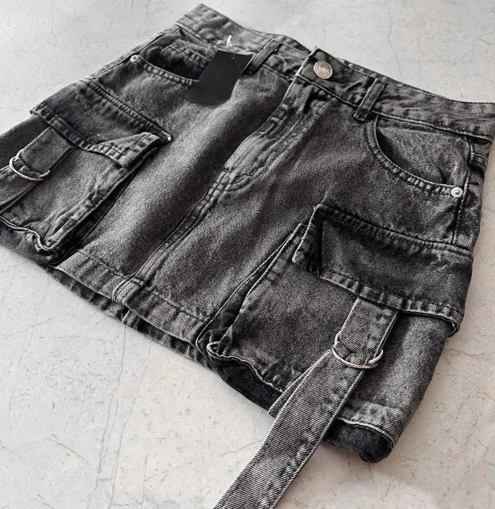 Harajuku Multiple Pockets Denim Plaid Skirt Goth Black Mini Skir Vintage Y2K New Fashion Womens Casual Versatile Sexy Streetwear