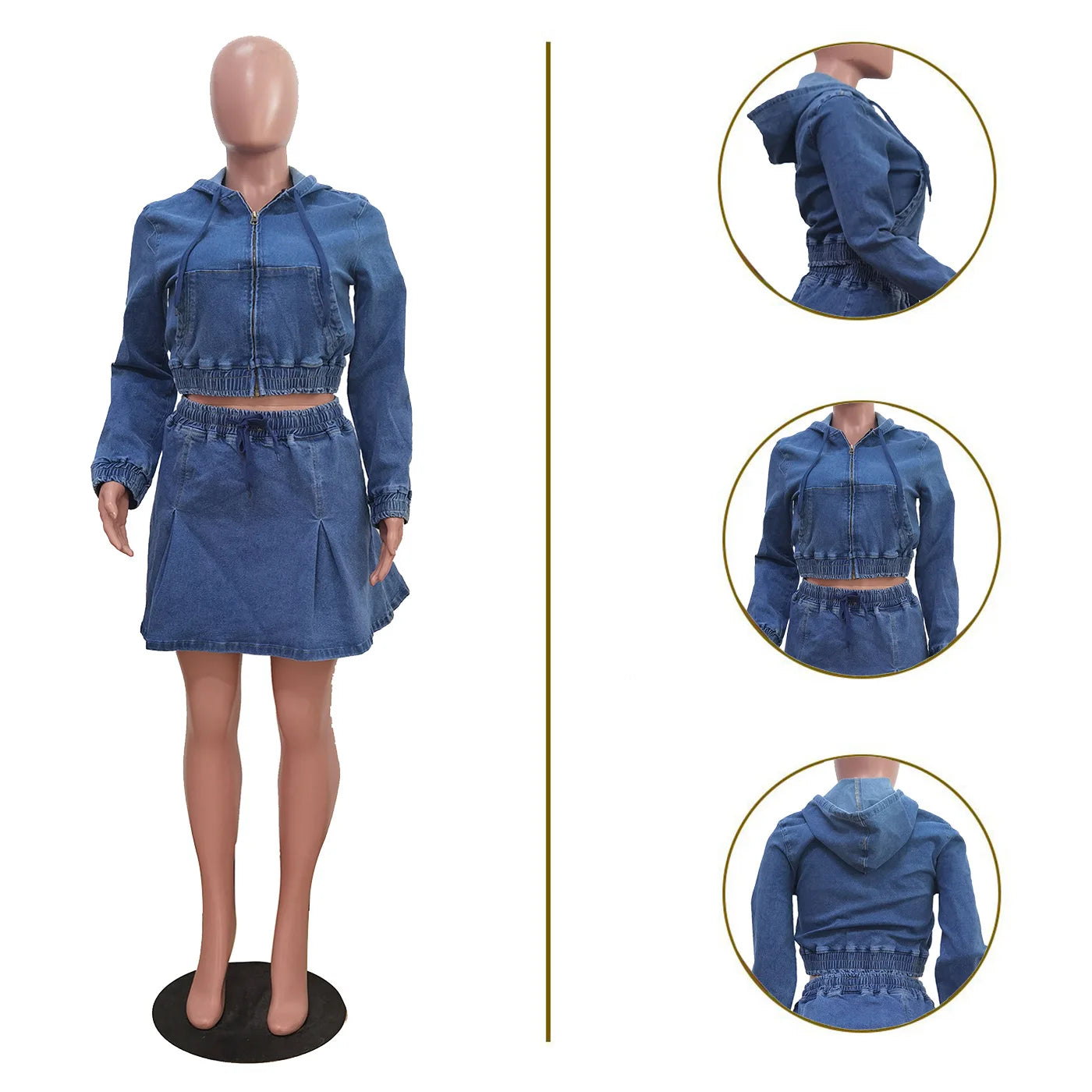 Two Piece Sets Women Denim Skirt Hooded Zipper Tops Short Dress Sets Skirts A Line High Waist Y2k Streetwear Elegant Slim Fit