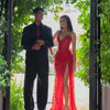 Exquisite Sexy Red Beading Tassel V Neck Side Slit Prom Dress Glittering Sequins Crystal Luxury Prom Wedding Party Gowns