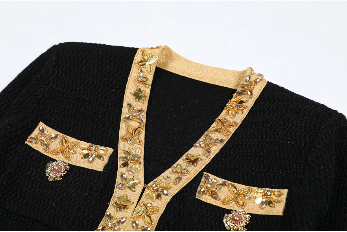 High Quality New Fashionable Elastic Knitted V-neck Luxurious Exquisite Nail Bead Piece Cardigan Slim Fit Short Skirt Women Set