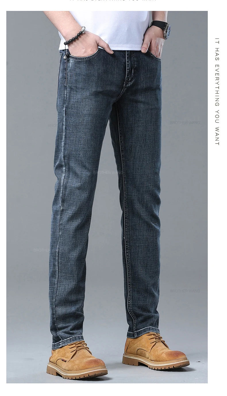 Frühlings Herren Hellblaue Slim Jeans Stylische Lässige Stretch Denim Hose Klassische Chinohose Rauchgrau