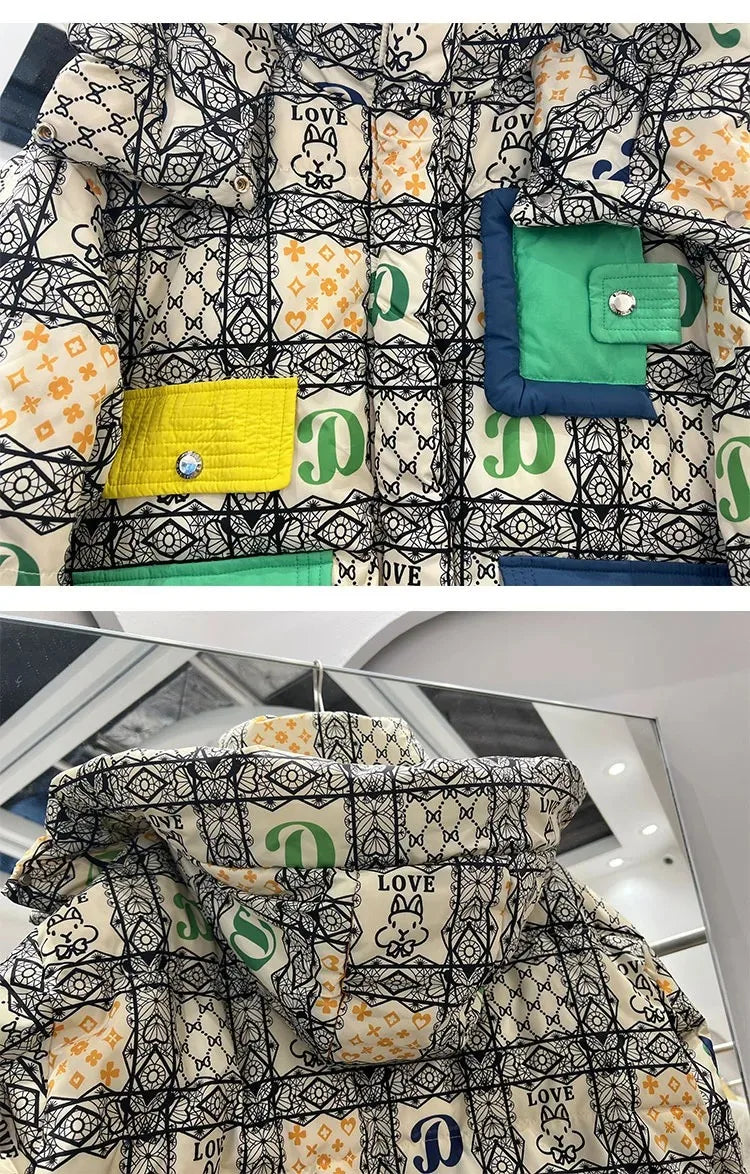 2023 Europäische Station Winter Neue Daunenjacke Damen Warm Mode Kurze Farb-Patchwork Graffiti dicke Weiße Entendaunenjacke