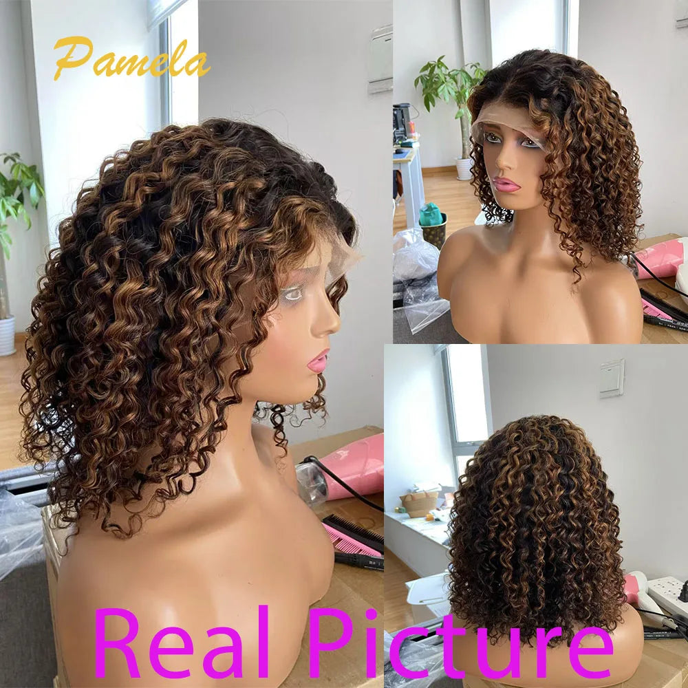 Ombre Blonde Wear and Go Glueless Short Curly 250% Dichte Echthaar Perücken Princess Hair Ready To Wear Lace Frontal Perücken
