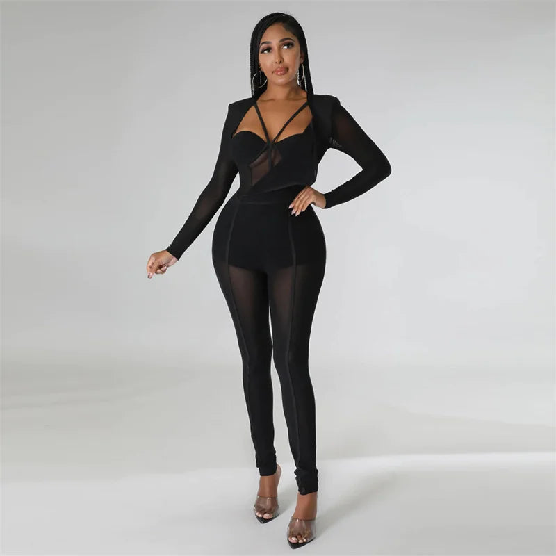 Sexy Mesh Patchwork Transparenter Club-Bodycon-Jumpsuit für Damen, durchsichtiger Einteiler-Overall, Clubwear, Party-, Geburtstagsoutfits