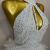 Women Luxury Rhinestones Pearls Feathers Halter Backless Short Dress Women Sexy Celebrate Birthday Dress Nightclub Stage Costume