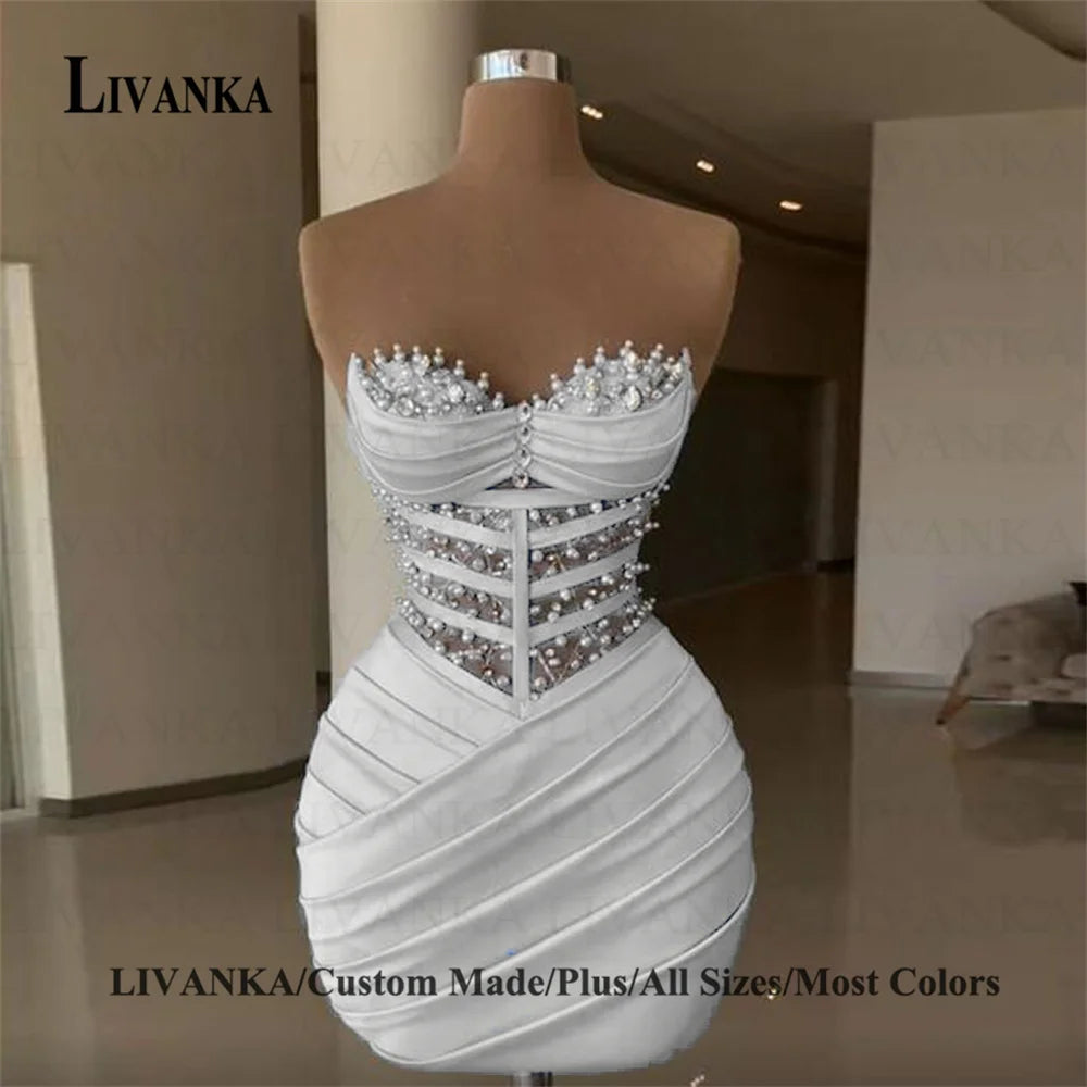LIVANKA  Fashionable Sheath Homecoming Dresses For Women Pearls Pleat Ruched Satin Vestidos De Festa Customized Plus Size