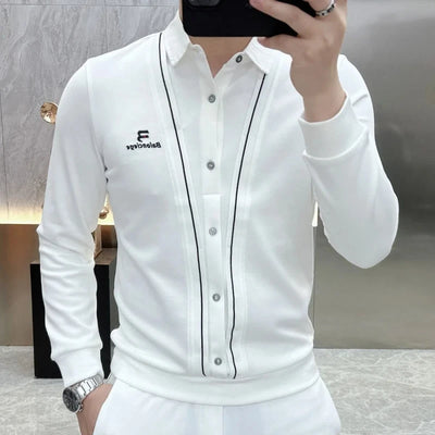 Business Casual Herren T-Shirts Frühling Herbst Neue Herrenkleidung Fake Two Pieces Streetwear Mode Büro Soziale Langarm-Oberteile