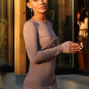 Tossy Damen Plissee Sexy Maxikleid Patchwork Twist Slim Langarm Einfarbig Y2k Herbst Streetwear Kleid Damen Bodycon Kleid