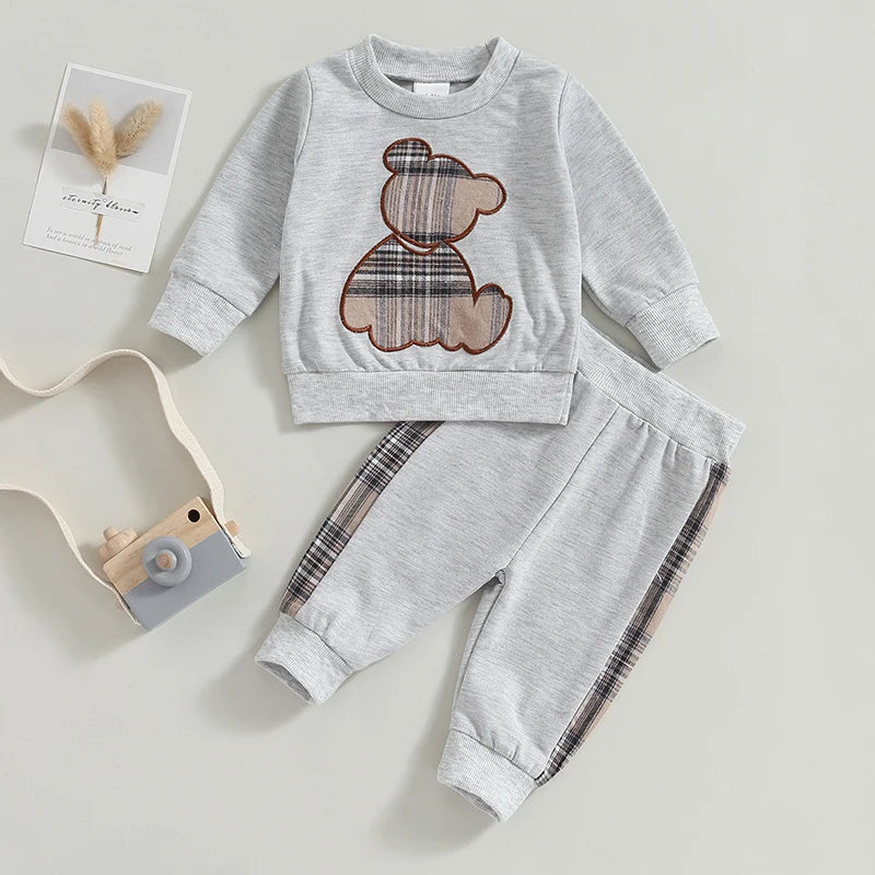 0-24M Baby Girls Autumn Clothes Newborn Toddler Long Sleeve Plaid Bear Pattern Tops Sweatshirt Pants Outfits Tracksuits