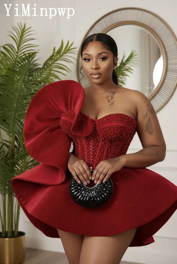 2026 Red Velvet Cocktail Dresses for Women Sleeveless Mini Ruffles Beading Birthday Night Wedding Guest Party Gowns Customized