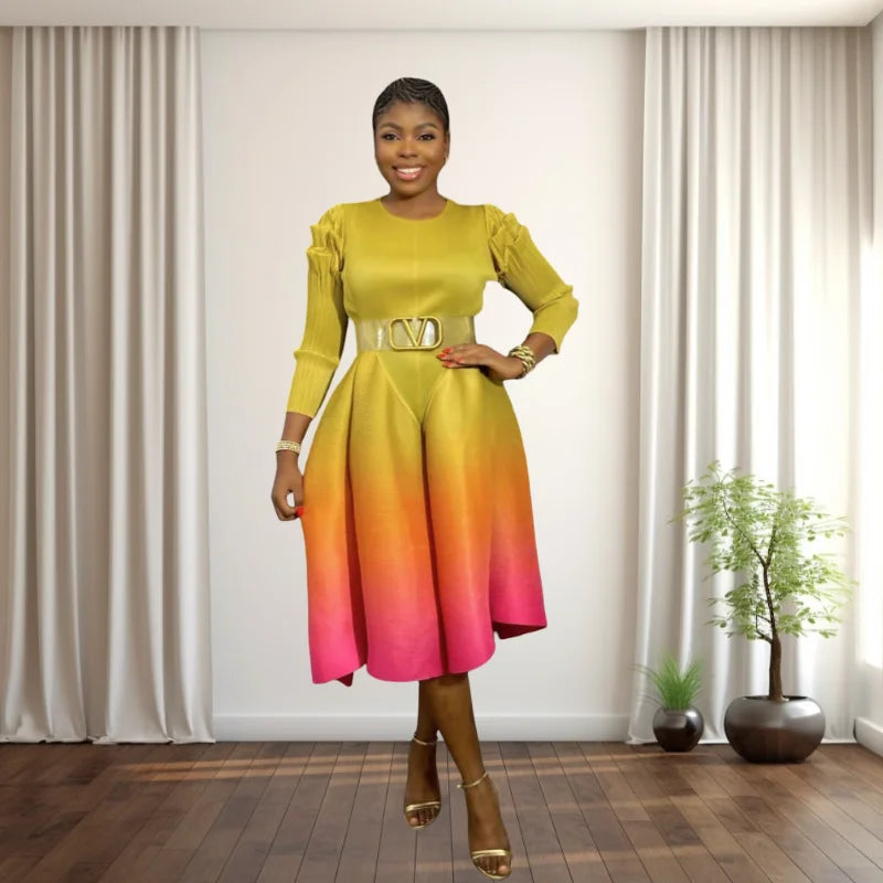 Miyaki Plus-Size Women's Dress with Pleated Design, Puff Sleeves, Long Sleeves, Gradient Color-Blocking, Mid-Length Dress, Popular in Europe and America, Suitable for Daily Wear, Travel, and Dates