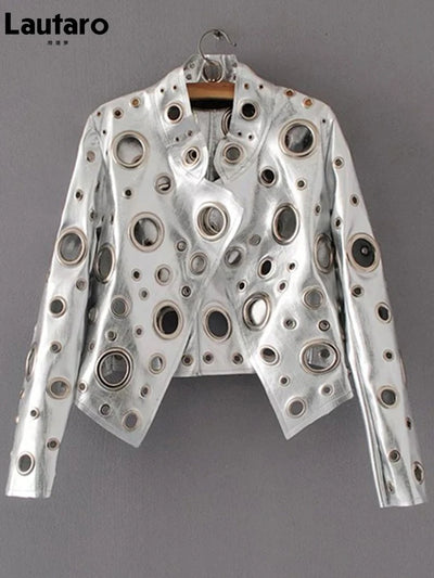 Lautaro Runway Cut Out Kurze Kunstlederjacke Goldene Nieten Coole Stylische Designer Kleidung Damen Europäische Amerikanische Mode 2022