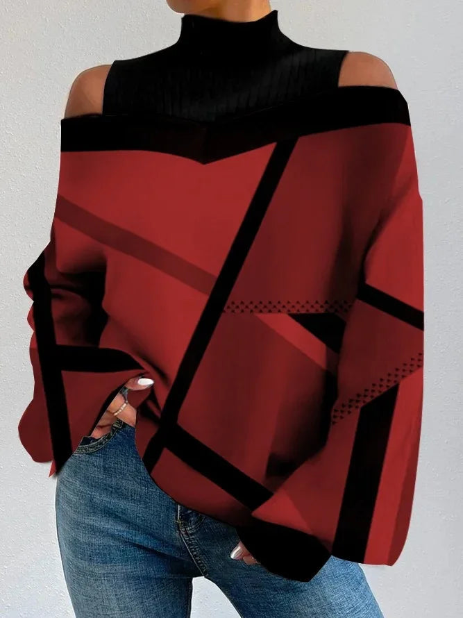2024Damen Langarm Rollkragenpullover Damen Sexy schulterfrei ausgehöhlte lockere bedruckte T-Shirts 2024 Herbst Mode T-Shirt Top