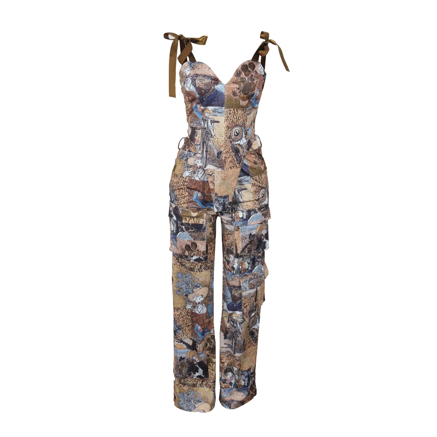 Two Pieces Women Pant Sets Print Matching Set Drawstring Pockets Sleeveless Top Elastic Waist Pants Slim Fit Casual 2026 Spring