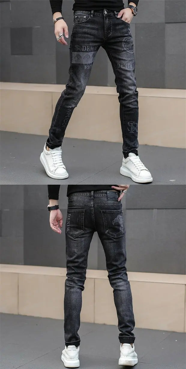 Fashion Printed Jeans Men's Korean Brand Embroidery Badge Pattern Youth Ripped Small Feet Teenagers Cowboy Pencil Pants