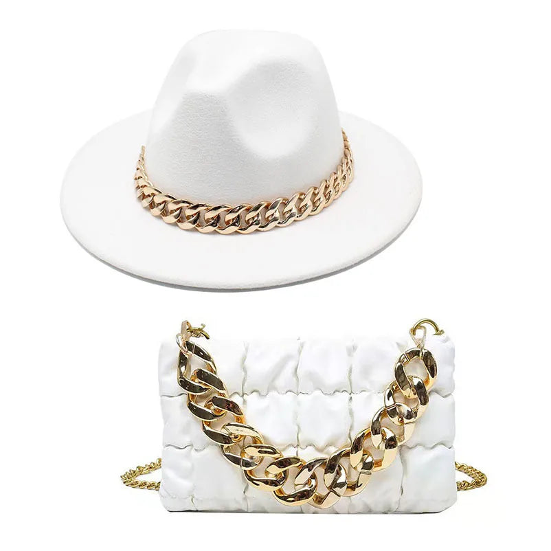 Set Straw Hat and Bag Set Gold Chain Bag Hat Set Ladies Leather Bag Tote Church Fedora Party Jazz Straw Hat