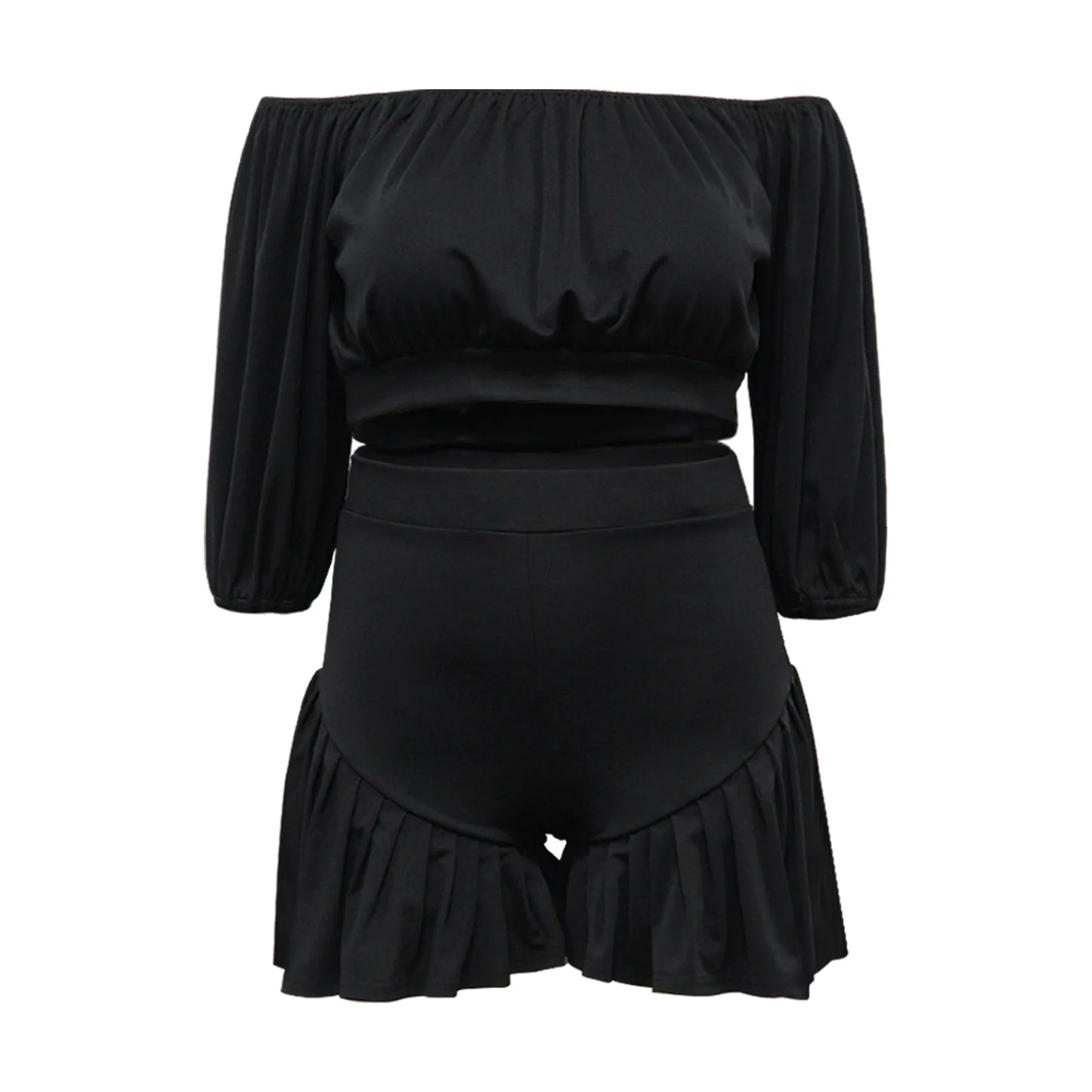 CM.YAYA Plus Size Women's Set Long Sleeve Slash Neck T-Shirt and Shorts 2025 Summer Ruched Two 2 Piece Set Outfits Tracksuit