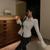 Gidyq Fashion Women Bandage Shirts Korean All Match Streetwear Female Slim Blouse Spring Casual White Bell Sleeve Shirt New