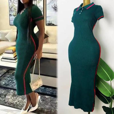 YuooMuoo Brand Fashion Vintage Patchwork Lines Knitted Maxi Dress 2025 Summer Casual All Match Long Shirt Dress Chic Party Robes