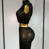 Luxury Rhinestone Mesh See Through Celebrate Birthday Dress Sparkly Top Short Skirt Two Pieces Sets Performance Stage Costume
