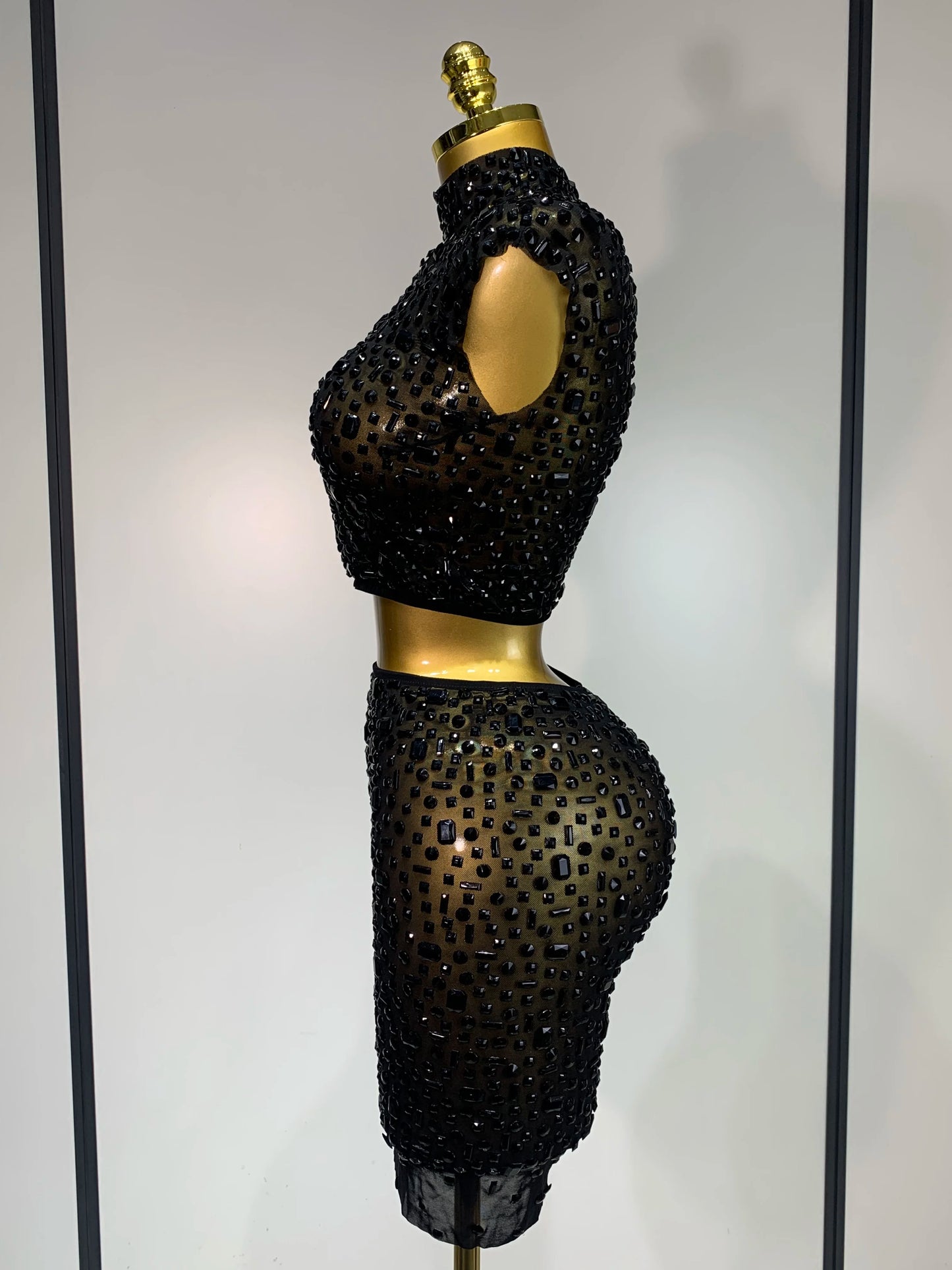 Luxury Rhinestone Mesh See Through Celebrate Birthday Dress Sparkly Top Short Skirt Two Pieces Sets Performance Stage Costume
