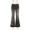 Weekeep Floral Embroidery Jeans Vintage 2000s Low Rise Flared Jeans Women Retro y2k Baggy Denim Pants High Street Basic Trousers