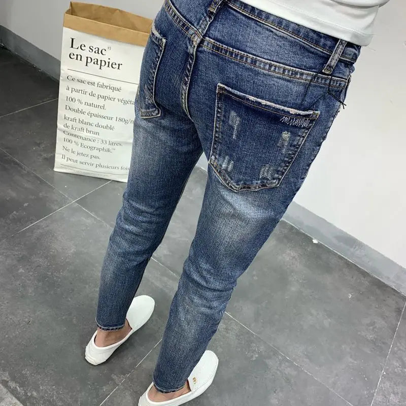 Men's Korean Style Classic Jeans 2023 New Blue Ripped Jeans for Men Fashion Trendy Summer Skinny Ripped Hole Cargo Trousers