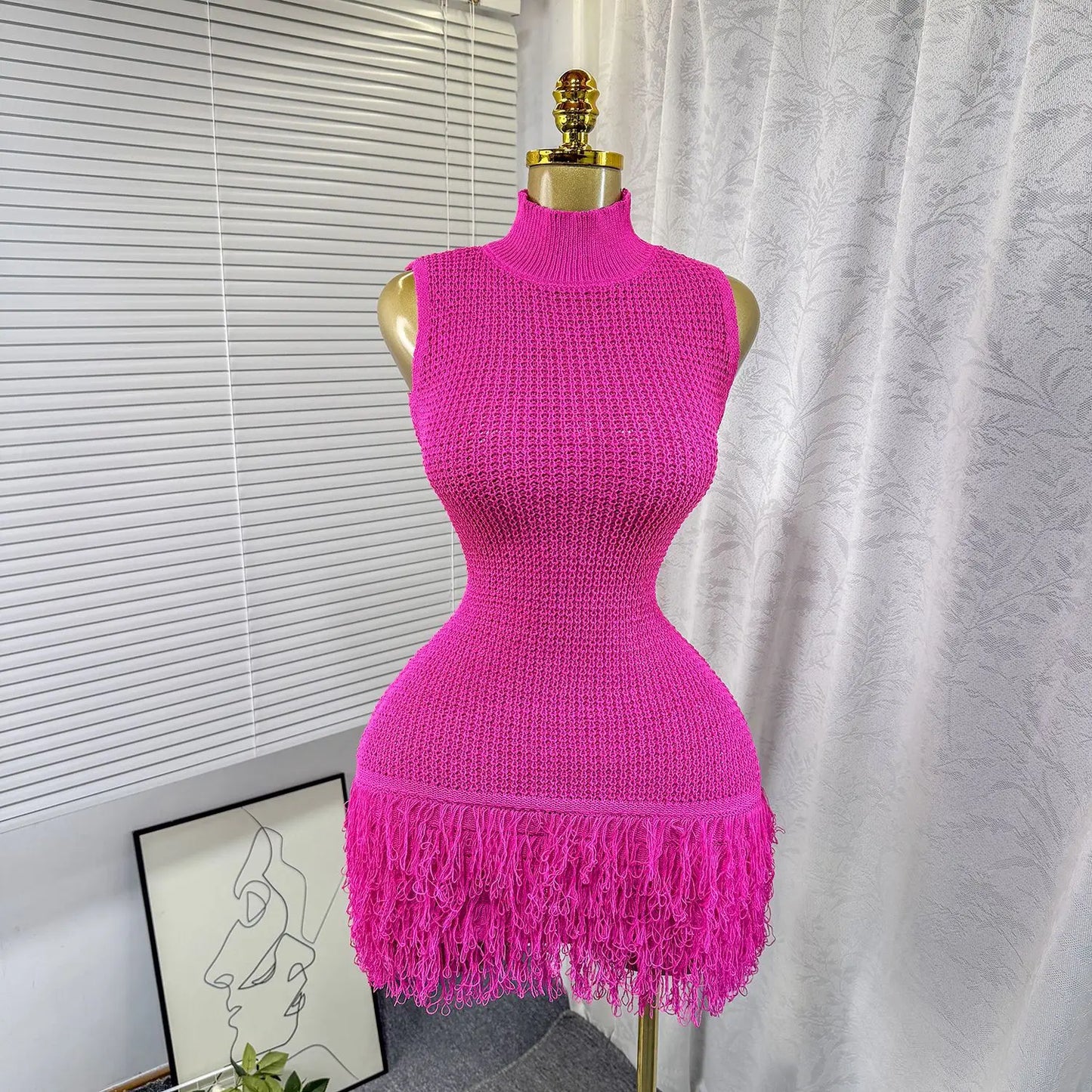 Joskaa 2025 Summer Women Elegant Round Neck Sleeveless Tassels Hem Bodycon Mini Knitted Dress Holiday Beach Party Clubwear