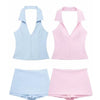 HH Women Pink 2 Piece Set Sexy V-Neck Sleeveless Backless Suspender Zipper Top+High Waist Back Pocket Mini Skirts Shorts Y2K