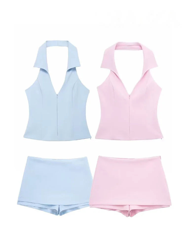 HH Women Pink 2 Piece Set Sexy V-Neck Sleeveless Backless Suspender Zipper Top+High Waist Back Pocket Mini Skirts Shorts Y2K