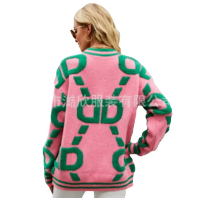 Damen Strickpullover Frühling/Herbst 2023 Rundhals Buchstaben Stickerei Pullover Oberteil Temperament lässig warmes T-Shirt Kontrastfarbe