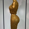 Luxury Rhinestone Mesh See Through Celebrate Birthday Dress Sparkly Top Short Skirt Two Pieces Sets Performance Stage Costume