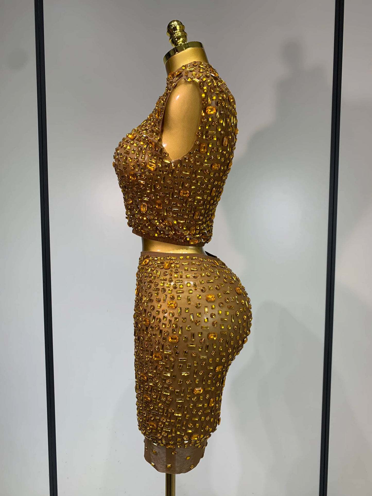 Luxury Rhinestone Mesh See Through Celebrate Birthday Dress Sparkly Top Short Skirt Two Pieces Sets Performance Stage Costume