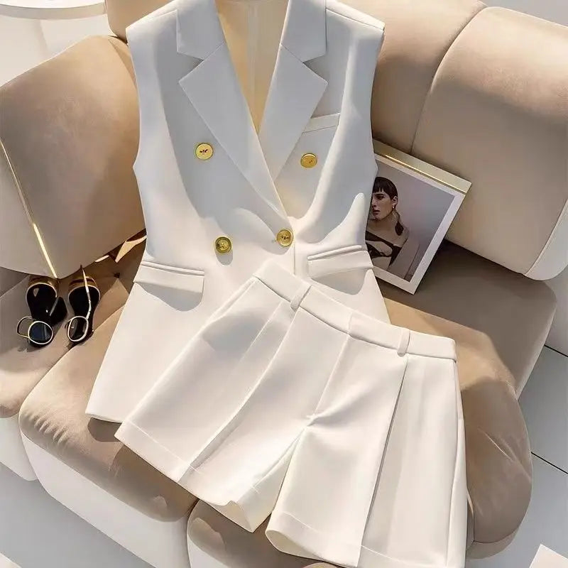 Elegant Office Lady Sleeveless Blazer and Shorts Set with Gold Button White Two Piece Suit Women Summer Business Casual Outfit