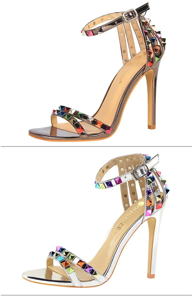Summer Women Roman High Heels Rivets Studded Sandals Stiletto Gladiator Pumps Open Toe Luxury Shoes Hollow One-word Buckle 267-2