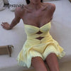 Female Solid Pleat Party Dress Women High Street Cocktail Mini Dress Sexy 2025 Strapless Night Club Hollow Backless Mini Dress