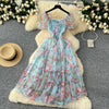 Elegant Slash Neck Vintage Short Puff Sleeve Chic Print Slim Chiffon Dresses French High Street Evening Autumn Mesh Clothing
