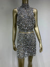 Sparkling Rhinestone Sexy Halter Backless Two-Pieces Set Birthday Evening Party Celebrate Stage Costume Nightclub Gown Dress